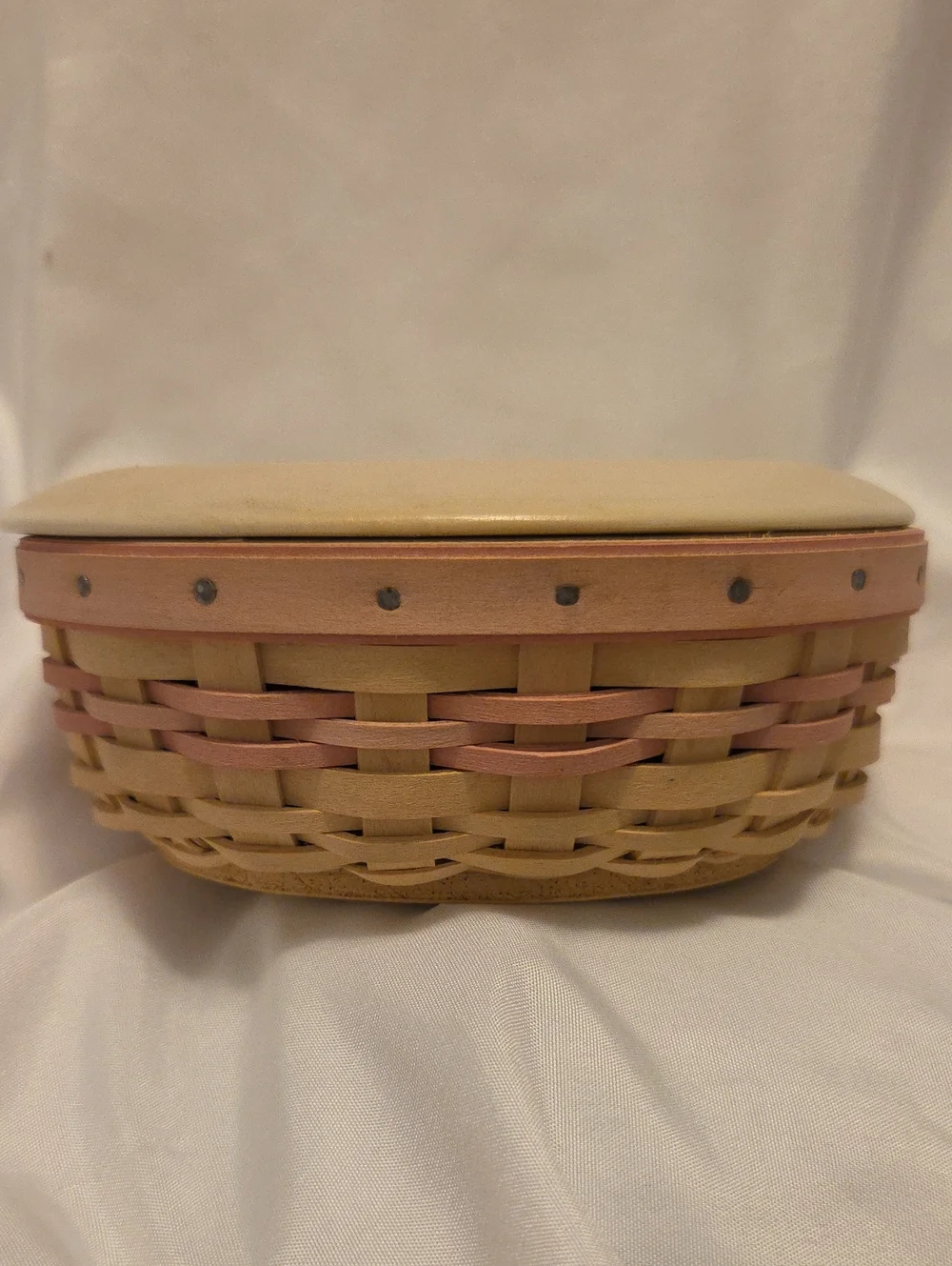 Longaberger Cream and Pink Woven Lidded Basket